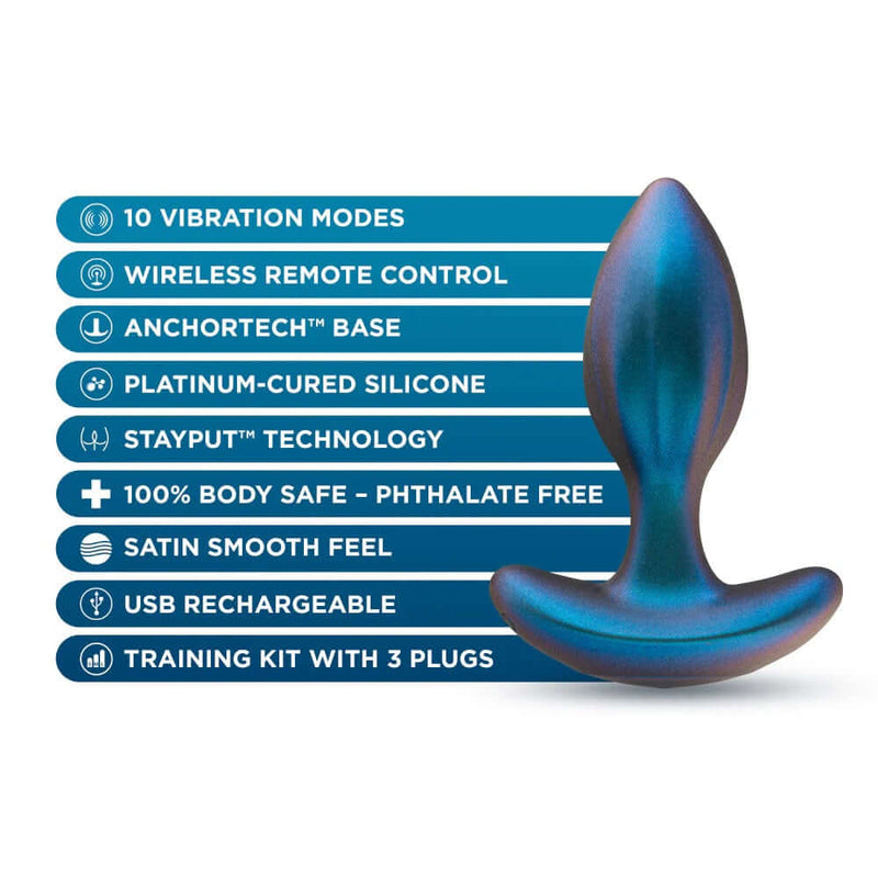 Anal Adventures Matrix Cosmos Plug Kit Lunar Blue features, including vibration modes, remote control, and platinum-cured silicone.