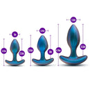 Anal Adventures Matrix Cosmos Plug Kit in Lunar Blue showing three plugs of progressive sizes with measurements