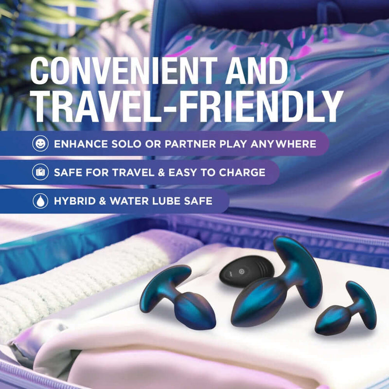Anal Adventures Matrix Cosmos Plug Kit Lunar Blue displayed in a travel bag with key features like solo or partner play and easy charging
