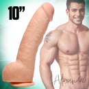 Raging Cockstars Annihilating Alexander Realistic Dildo next to a muscular man, showcasing its 10-inch realistic design.