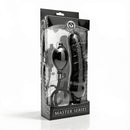Master Series Primal Inflatable Dildo Black in packaging with inflating bulb for adjustable size options.