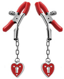 Master Series Charmed Heart Padlock Nipple Clamps with adjustable pressure and heart-shaped design.