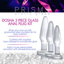Dosha 3 Piece Glass Anal Plug Kit showcases graduated plugs crafted from durable borosilicate glass.