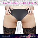 Dosha 3 Piece Glass Anal Plug Kit displayed with a woman in black lingerie, showcasing its sleek design and tapered tip.