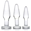 Dosha 3 Piece Glass Anal Plug Kit showcasing three graduated clear glass anal plugs in varying sizes.
