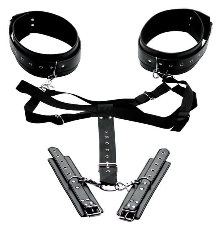Master Series Aquire Thigh Harness and Wrist Cuffs, adjustable BDSM restraint system for enhanced control and vulnerability.