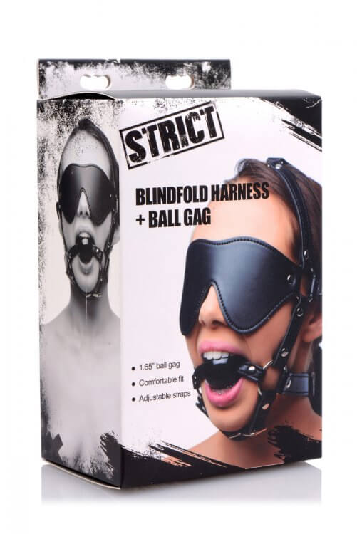 Packaging for the Strict Blindfold Harness with Ball Gag featuring adjustable straps and comfortable fit.