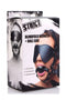 Packaging for the Strict Blindfold Harness with Ball Gag featuring adjustable straps and comfortable fit.