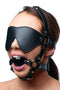 Strict Blindfold Harness with Ball Gag for sensory play and bondage adventures, featuring a sleek leather design.