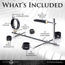 Master Series Imprisoned Metal Stockade with Dildo parts including connectors, restraints, locks, and dildo.