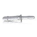 Master Series Brutus 11.5 Inch Glass Dildo Thruster Clear with realistic ridged shaft and grooved handle.