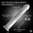 Master Series Behemoth Ribbed XL Glass Dildo Clear with tapered tip and swirl design for enhanced pleasure.