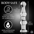 Master Series Mammoth 3 Bumps Glass Dildo Clear with body-safe features and dimensions shown.
