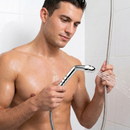 CleanStream Angled Aluminum Enema Nozzle Grey in use with a man holding a shower attachment.
