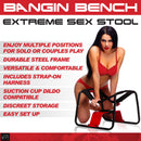LoveBotz Bangin Bench Extreme Sex Stool Black featuring a woman demonstrating its use for pleasure and versatility.