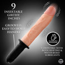 Master Series Onslaught 13 Mode XL Vibrating Dildo Thruster showcasing 9 insertable girthy inches with grooved handle.