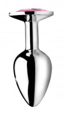 Shiny aluminum anal plug with pink jeweled base and smooth tapered design for enhanced pleasure.