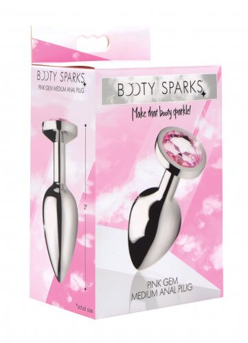 Booty Sparks Pink Gem Medium Anal Plug packaging with sparkling jewel base and smooth aluminum finish