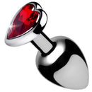 Booty Sparks Red Heart Gem Small Anal Plug displaying a shiny metal base and a red heart-shaped gem.