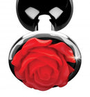 Booty Sparks Red Rose Small Anal Plug featuring a vibrant red rose design and a shiny black base.