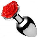 Booty Sparks Red Rose Small Anal Plug with a shiny metallic base and a red rose design on top.