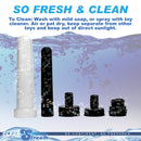 CleanStream Travel Enema Water Bottle Adapter Set displayed with cleaning instructions and bubbles in water.