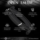 Master Series Stainless Steel Adjustable Pussy Clamp Grey with features on sensitivity, visibility, and pressure adjustment.
