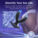 64X Electro-Spread Vibrating and Estim Silicone Butt Plug with text about lubrication and care instructions.