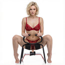 Bangin Bench EZ-Ride Sex Stool with Handles showcased by a model in red lingerie demonstrating its features.
