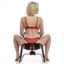 Bangin Bench EZ-Ride Sex Stool with Handles with a model demonstrating it in a red lingerie set.