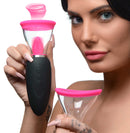 Lickgasm Mini 10X Silicone Licking and Sucking Stimulator in use, featuring automatic suction and pink silicone details.
