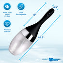 CleanStream Auto-Vibrating Enema Bulb Black dimensions and features displayed on a soft background.