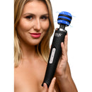 Zeus Electrosex Blue-Arc E-Stim Vibrating Wand Massager held by a woman, showcasing its design and features.