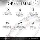 Master Series Spread Em Stainless Steel Poker Labia Clamp features icons for sensitivity, pressure, visibility, temperature play, and screw tips.