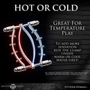 Master Series Spread Em Stainless Steel Poker Labia Clamp with temperature play features, designed for sensations.