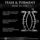 Master Series Spread Em Stainless Steel Poker Labia Clamp step-by-step guide for pleasure and sensation adjustment.