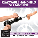 LoveBotz Deluxe Bangin Bench with Sex Machine Black includes a removable handheld sex machine for enhanced pleasure.