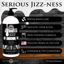 Master Series Jizz Unscented Water-Based Lube 34 Oz bottle with features like water-based, realistic look, and non-staining formula.