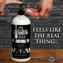 Master Series Jizz Unscented Water-Based Lube 34 Oz in a pump bottle with creamy texture being dispensed