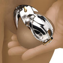 Master Series Entrapment Deluxe Locking Chastity Cage secure stainless steel design in use.