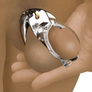 Master Series Entrapment Deluxe Locking Chastity Cage shown in use, emphasizing secure stainless steel design.