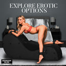 Bedroom Bliss Bondage Love Couch Sex Furniture Black in use, showcasing comfort and restraint options for erotic exploration.
