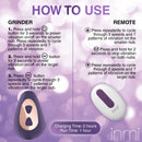 Inmi Ride n' Grind 10X Vibrating Silicone Sex Grinder usage guide and remote control instructions.