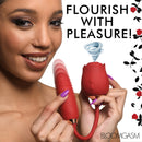 Bloomgasm 10X Romping Rose Suction and Thrusting Vibrator showcased with a smiling model enjoying the product.