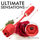 Bloomgasm 10X Romping Rose Suction and Thrusting Vibrator close-up with measurements and red rose backdrop.
