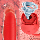 Bloomgasm 10X Romping Rose Suction and Thrusting Vibrator with petal-shaped suction head and thrusting egg.