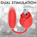 Bloomgasm 10X Romping Rose Suction and Thrusting Vibrator displays dual stimulation with 3 speeds and 7 patterns of suction.
