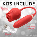 Bloomgasm 10X Romping Rose Suction and Thrusting Vibrator with suction rose, thrusting vibrator, and charger.