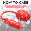 Bloomgasm 10X Romping Rose Suction and Thrusting Vibrator care instructions with bubbles.