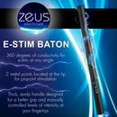 Zeus Electrosex 17.25 Inch E-stim Baton Black showcasing 360 degrees of conductivity and a sturdy handle for optimal grip.
